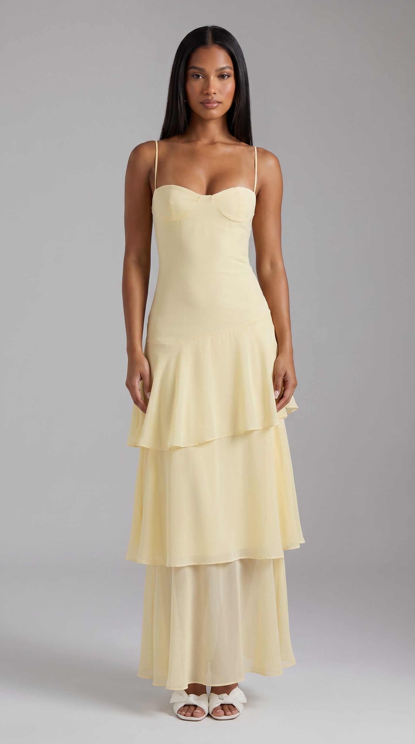 Women's Butter Yellow Floral Midi Dress for Wedding Guests