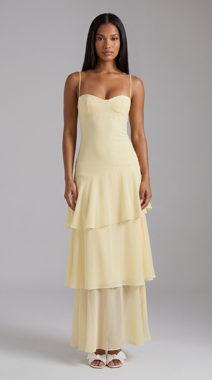 Women's Butter Yellow Floral Midi Dress for Wedding Guests