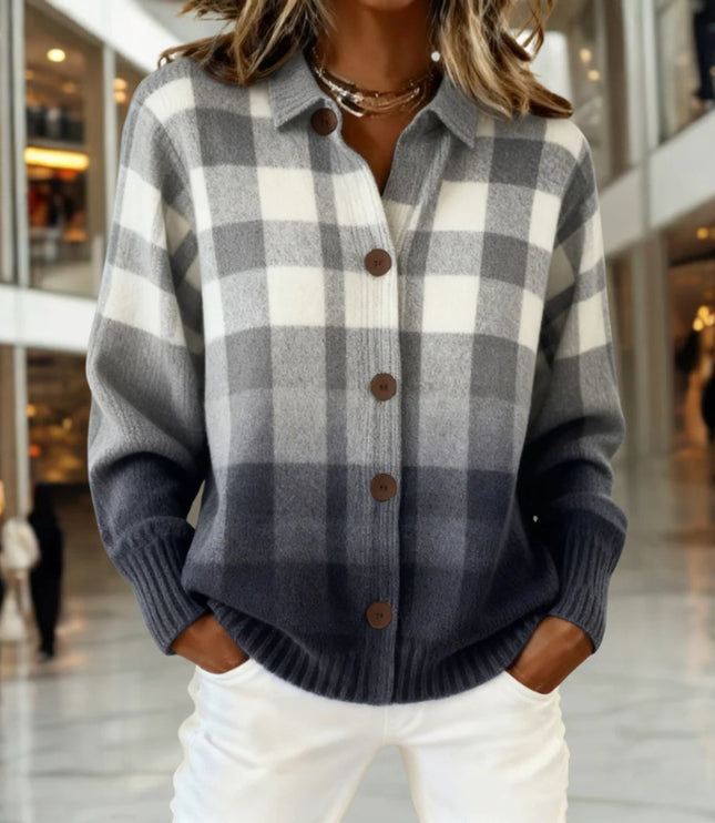 Women's Button Front Gray Ombre Buffalo Plaid Cardigan Sweater