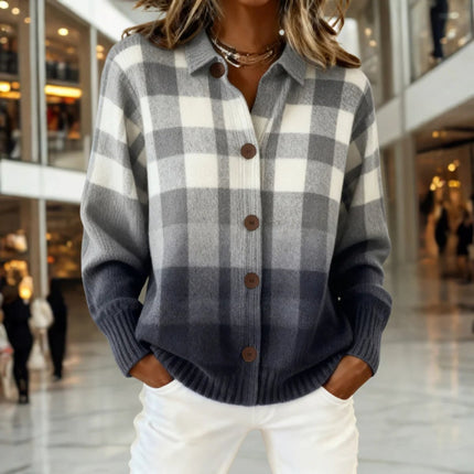 Women's Button Front Gray Ombre Buffalo Plaid Cardigan Sweater