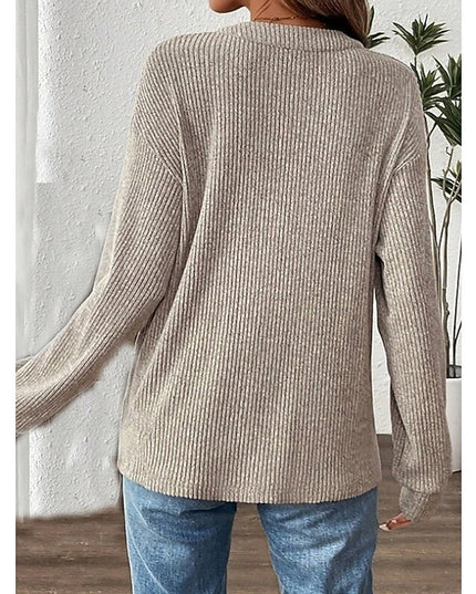 Women's Button Up Henley Top Ribbed Knit Relaxed Fit