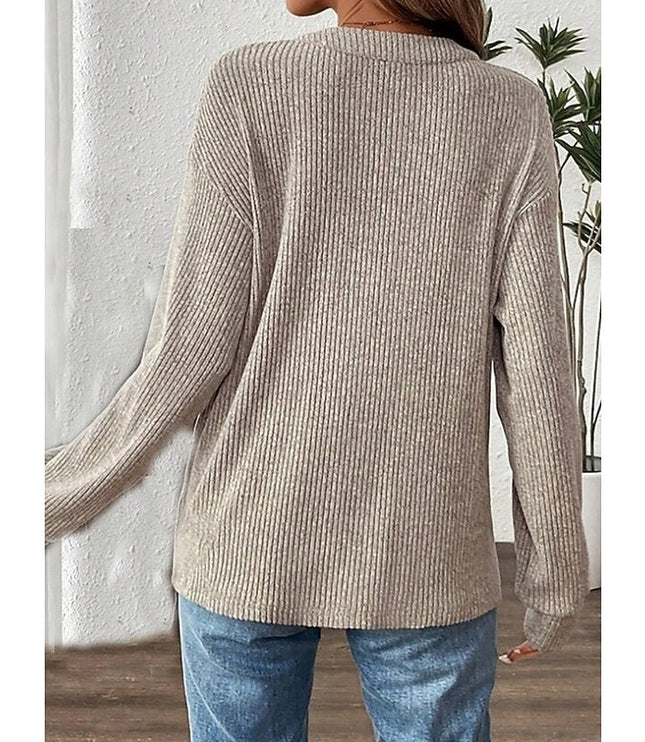 Women's Button Up Henley Top Ribbed Knit Relaxed Fit