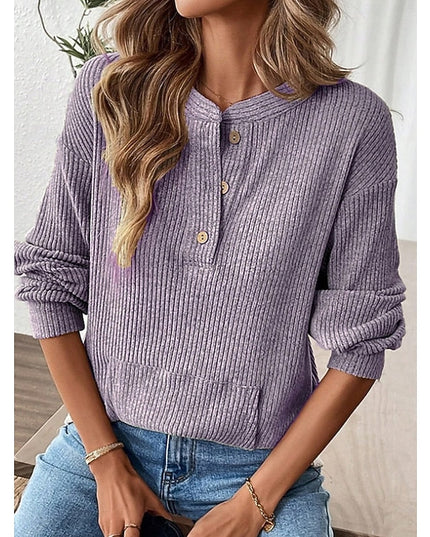 Women's Button Up Henley Top Ribbed Knit Relaxed Fit