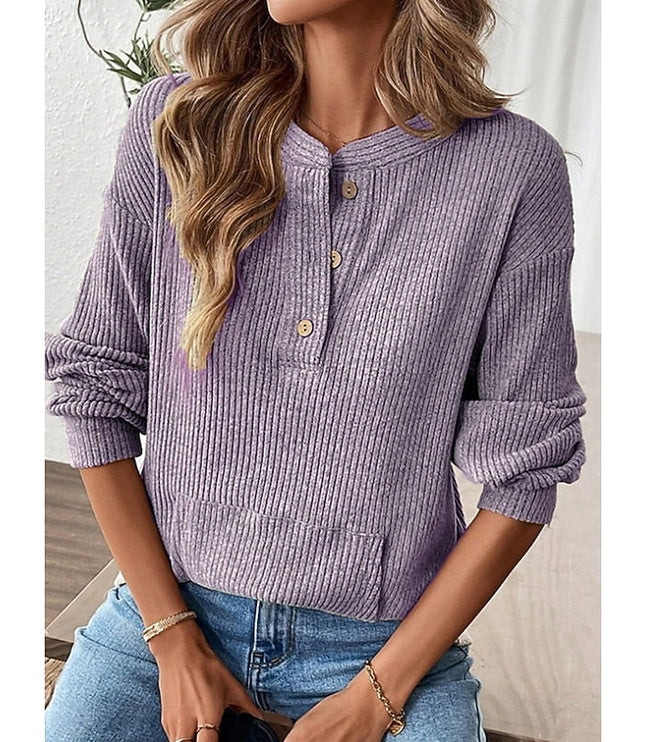 Women's Button Up Henley Top Ribbed Knit Relaxed Fit