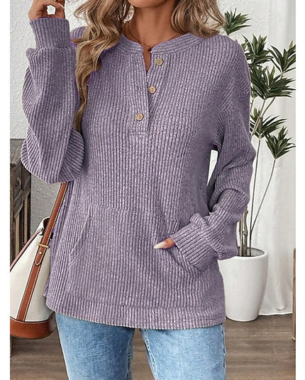 Women's Button Up Henley Top Ribbed Knit Relaxed Fit