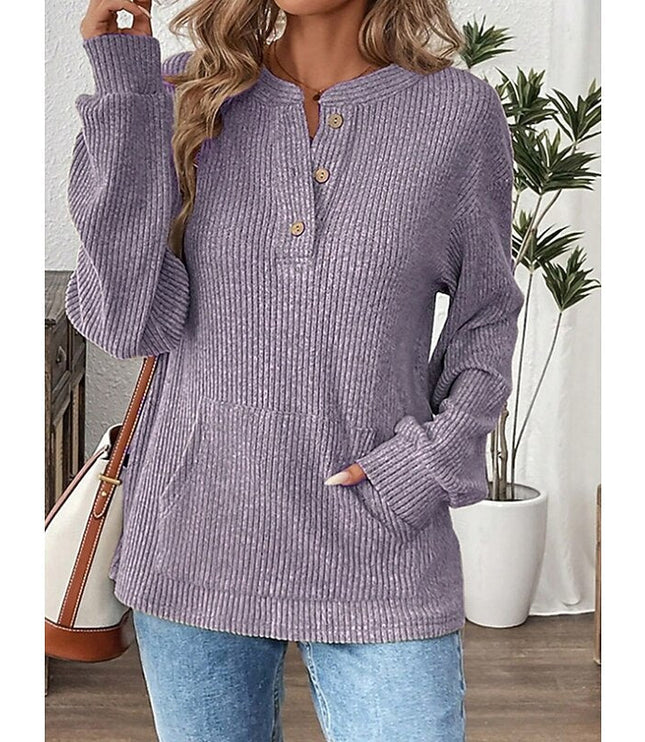 Women's Button Up Henley Top Ribbed Knit Relaxed Fit