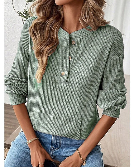 Women's Button Up Henley Top Ribbed Knit Relaxed Fit