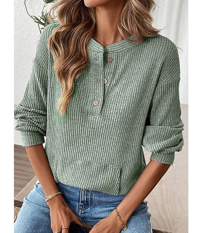 Women's Button Up Henley Top Ribbed Knit Relaxed Fit