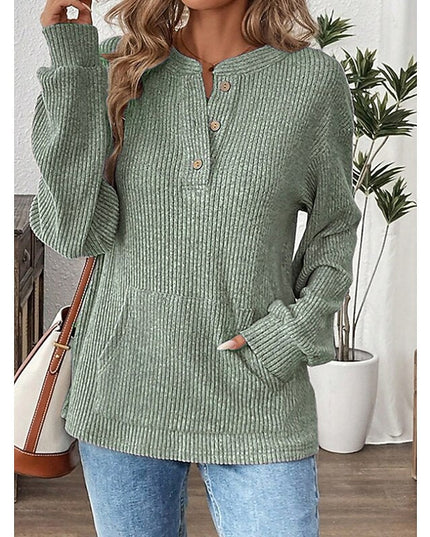 Women's Button Up Henley Top Ribbed Knit Relaxed Fit