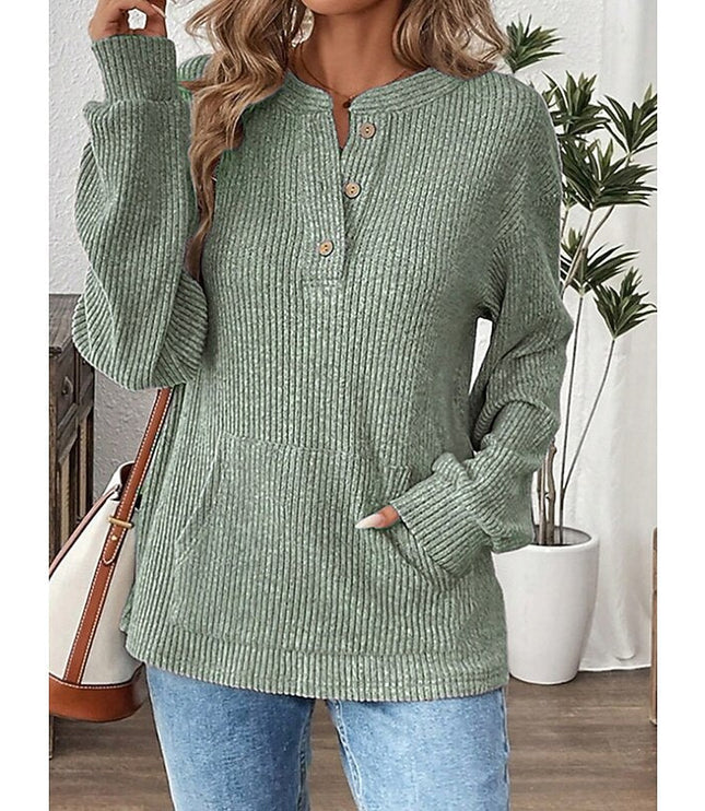 Women's Button Up Henley Top Ribbed Knit Relaxed Fit