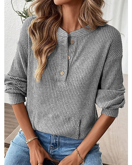 Women's Button Up Henley Top Ribbed Knit Relaxed Fit