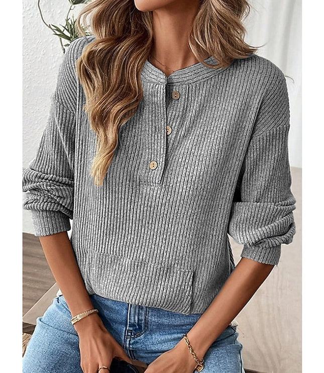 Women's Button Up Henley Top Ribbed Knit Relaxed Fit