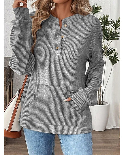 Women's Button Up Henley Top Ribbed Knit Relaxed Fit