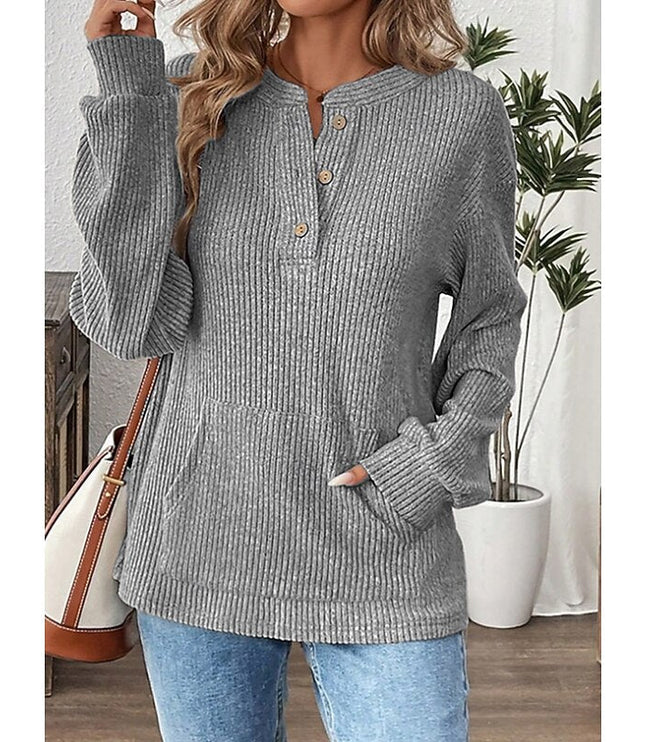 Women's Button Up Henley Top Ribbed Knit Relaxed Fit