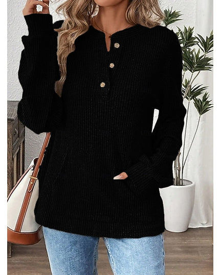 Women's Button Up Henley Top Ribbed Knit Relaxed Fit