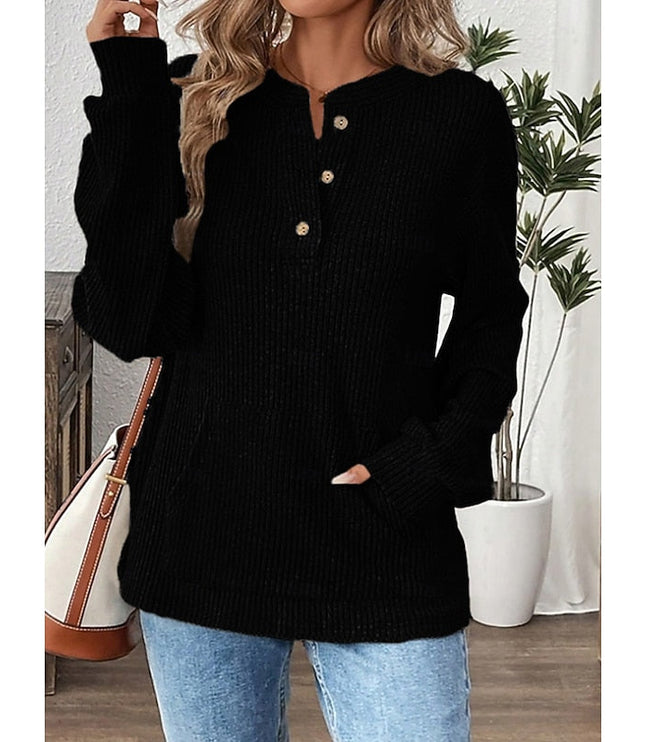 Women's Button Up Henley Top Ribbed Knit Relaxed Fit