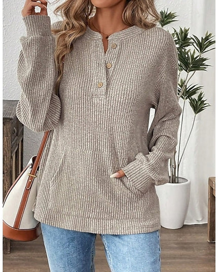 Women's Button Up Henley Top Ribbed Knit Relaxed Fit