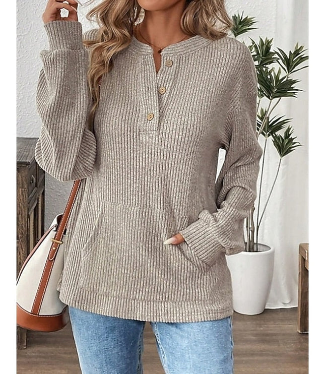 Women's Button Up Henley Top Ribbed Knit Relaxed Fit