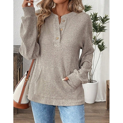 Women's Button Up Henley Top Ribbed Knit Relaxed Fit