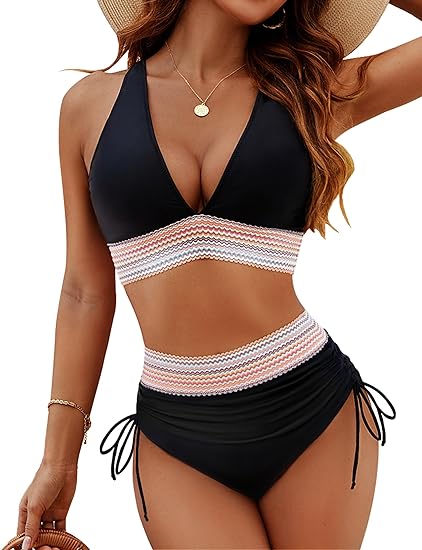 Front view of black halter v-neck bikini with colorful chevron waistband detail