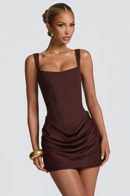 Close-up front view of brown square neck sleeveless mini dress