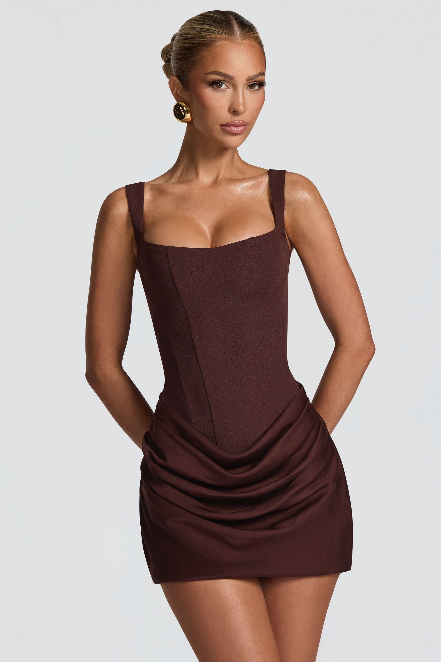 Brown square neck sleeveless mini dress with fitted bodice