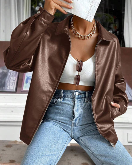 Women's Collared Zip Up Oversized Faux Leather Jacket