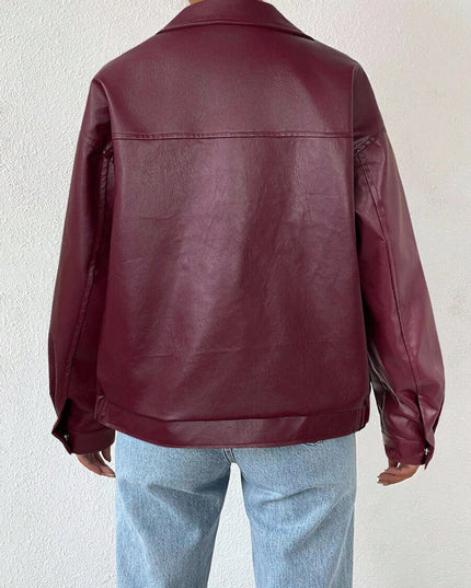 Women's Collared Zip Up Oversized Faux Leather Jacket