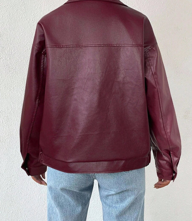 Women's Collared Zip Up Oversized Faux Leather Jacket