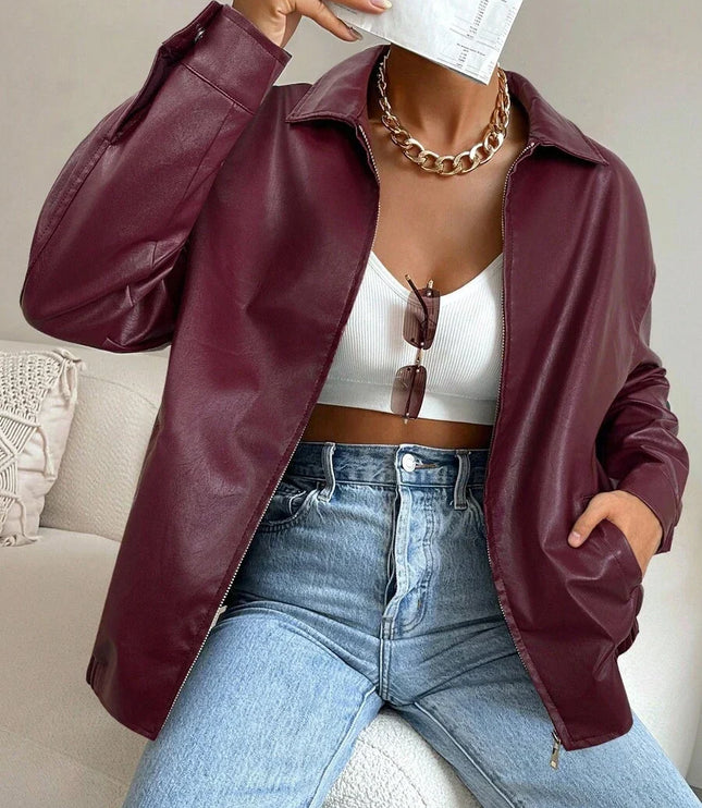 Women's Collared Zip Up Oversized Faux Leather Jacket