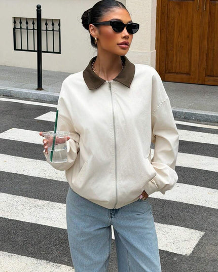 Women's Collared Zip Up Oversized Faux Leather Jacket