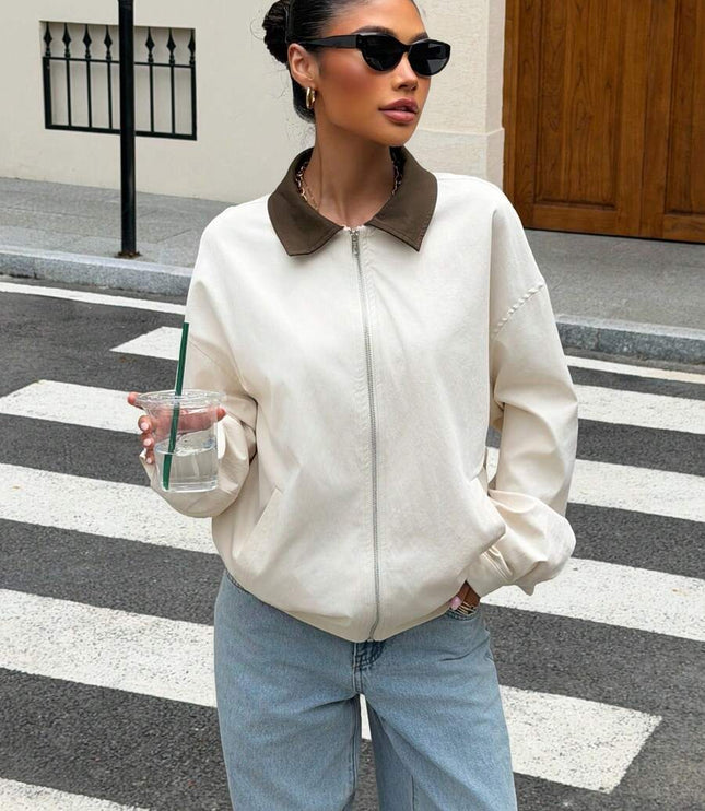 Women's Collared Zip Up Oversized Faux Leather Jacket