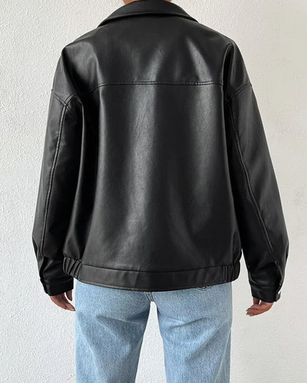 Women's Collared Zip Up Oversized Faux Leather Jacket