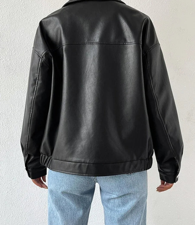 Women's Collared Zip Up Oversized Faux Leather Jacket