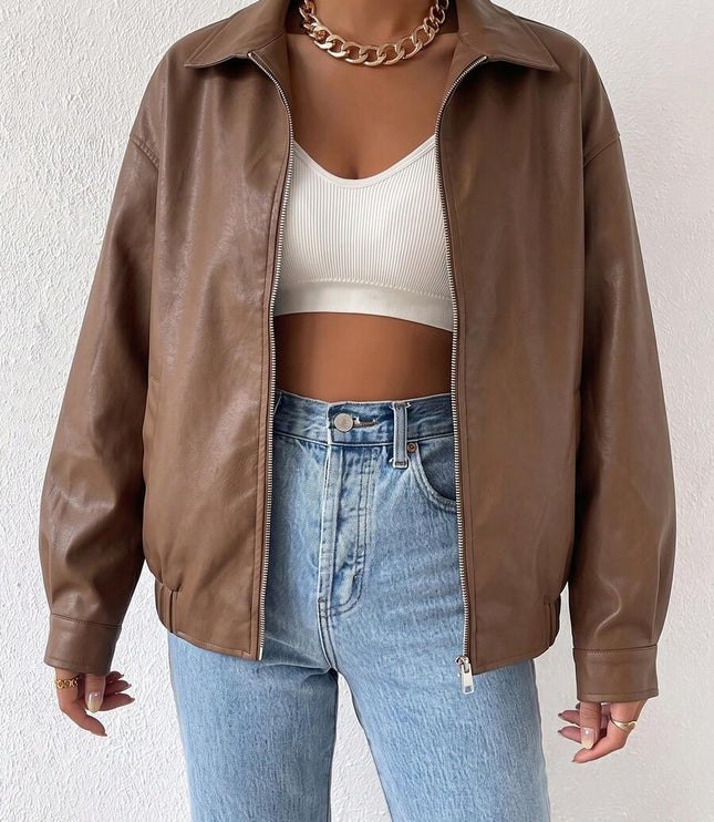 Women's Collared Zip Up Oversized Faux Leather Jacket