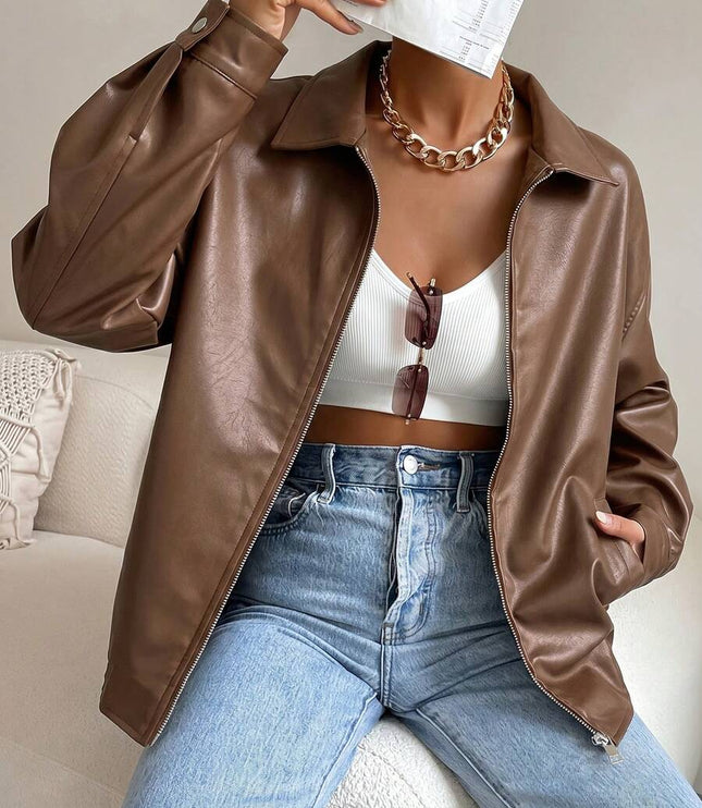 Women's Collared Zip Up Oversized Faux Leather Jacket