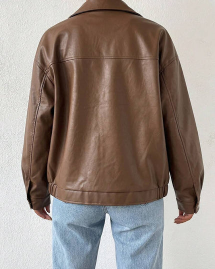 Women's Collared Zip Up Oversized Faux Leather Jacket