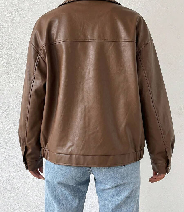 Women's Collared Zip Up Oversized Faux Leather Jacket