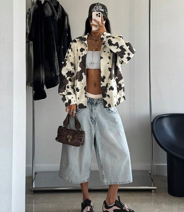 Women's Collared Zip Up Oversized Faux Leather Jacket