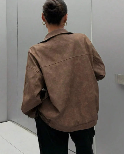 Women's Collared Zip Up Oversized Faux Leather Jacket