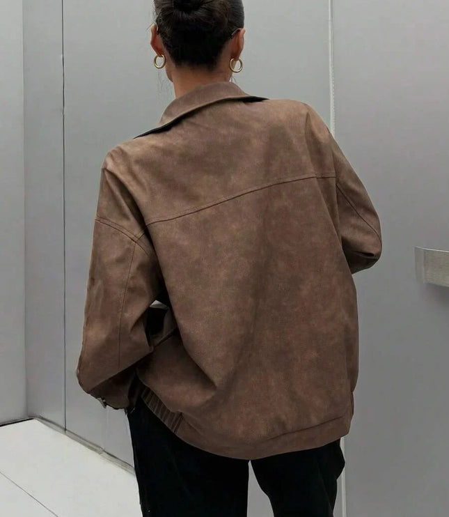 Women's Collared Zip Up Oversized Faux Leather Jacket