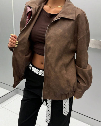 Women's Collared Zip Up Oversized Faux Leather Jacket