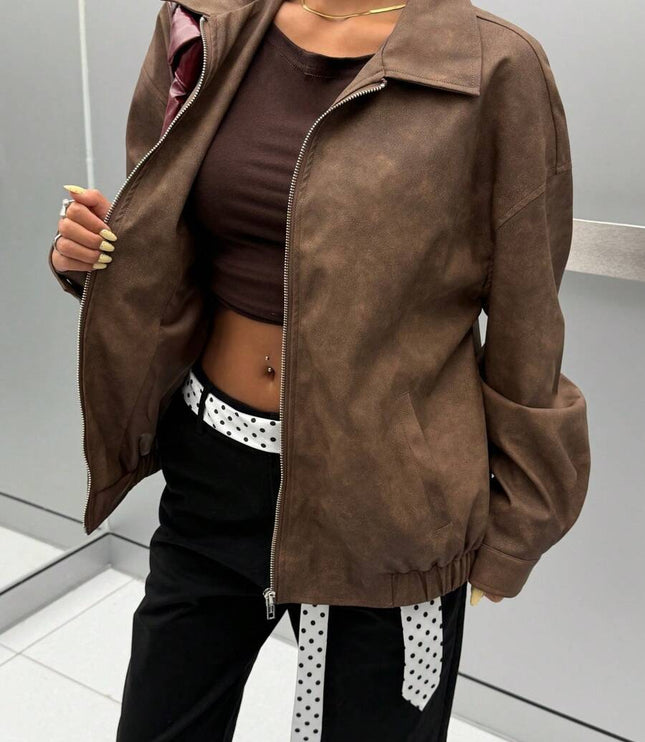 Women's Collared Zip Up Oversized Faux Leather Jacket
