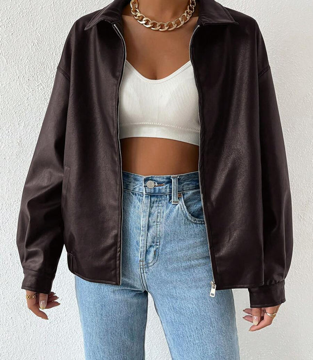 Women's Collared Zip Up Oversized Faux Leather Jacket