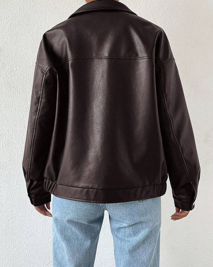 Women's Collared Zip Up Oversized Faux Leather Jacket