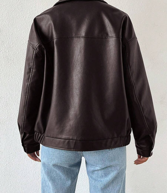 Women's Collared Zip Up Oversized Faux Leather Jacket
