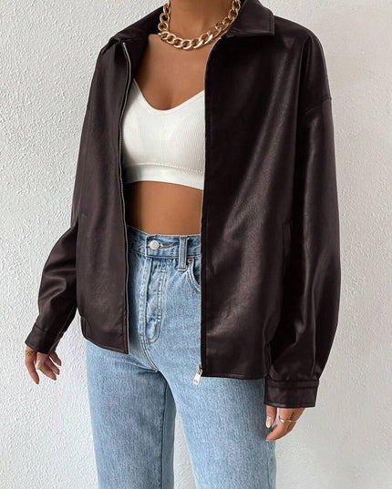 Women's Collared Zip Up Oversized Faux Leather Jacket