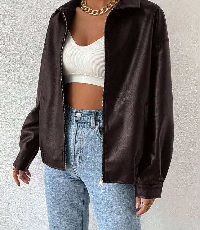 Women's Collared Zip Up Oversized Faux Leather Jacket