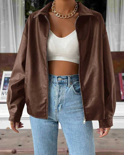 Women's Collared Zip Up Oversized Faux Leather Jacket