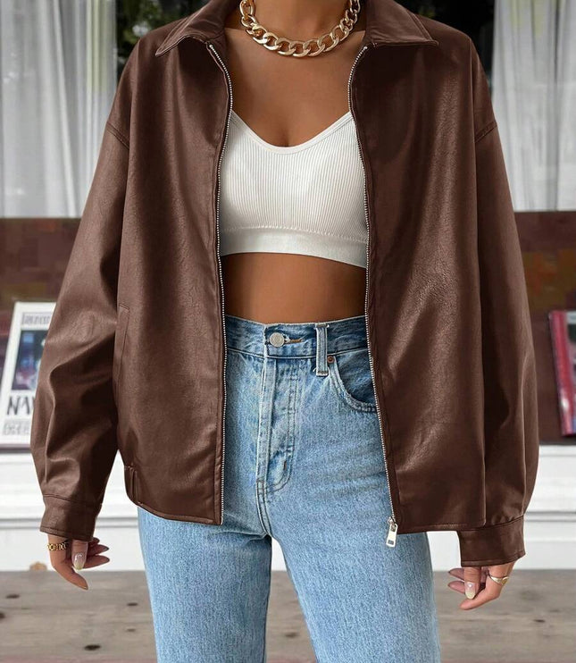 Women's Collared Zip Up Oversized Faux Leather Jacket